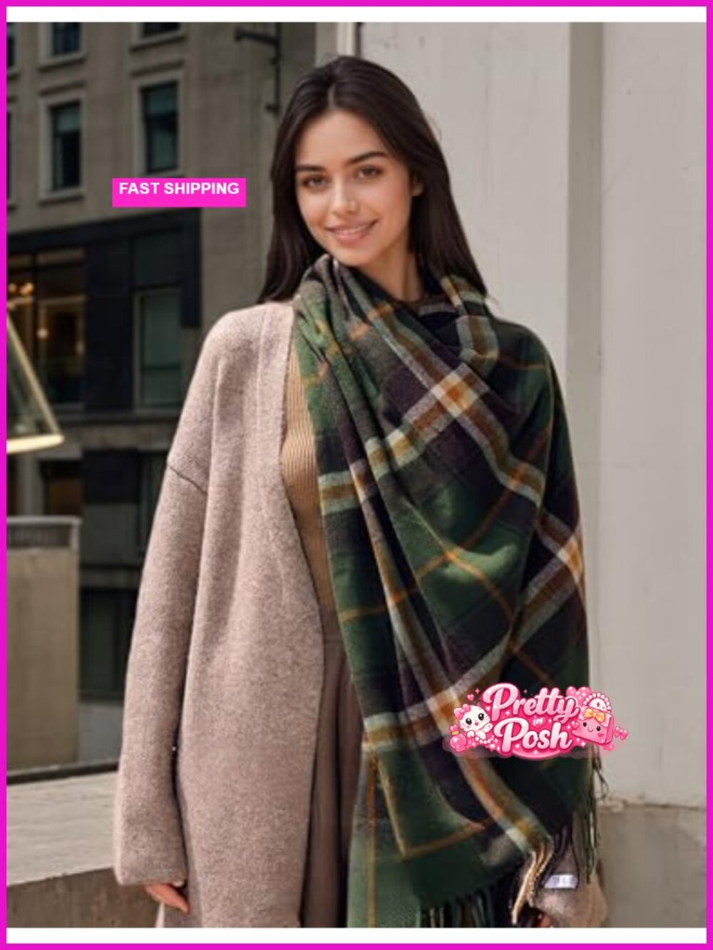 Oversized Plaid Blanket Scarf Tassel Warm Winter Shawl Wrap - Picture 4 of 6